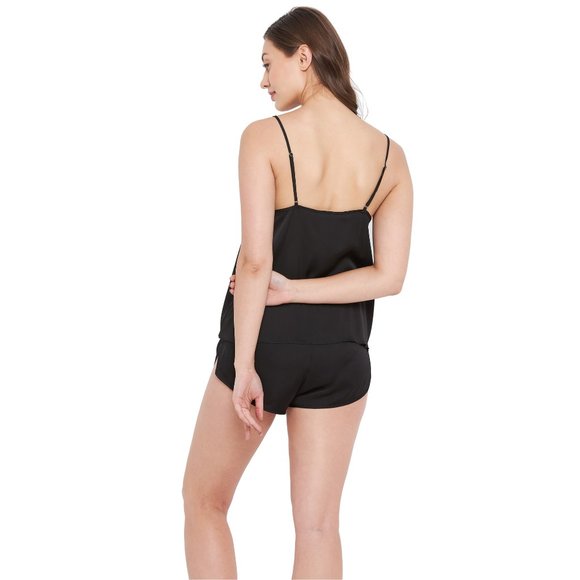 Solid Black 2 Pcs Satin Shorts Sleepwear for Women - Picture 5 of 6